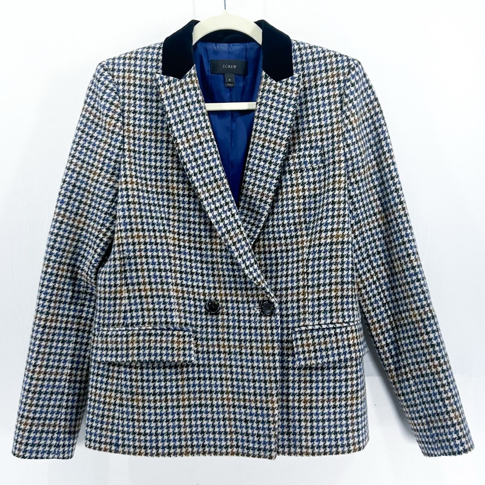 J. Crew Dover Wool Houndstooth Double Breasted Blazer Velvet Collar Size 6